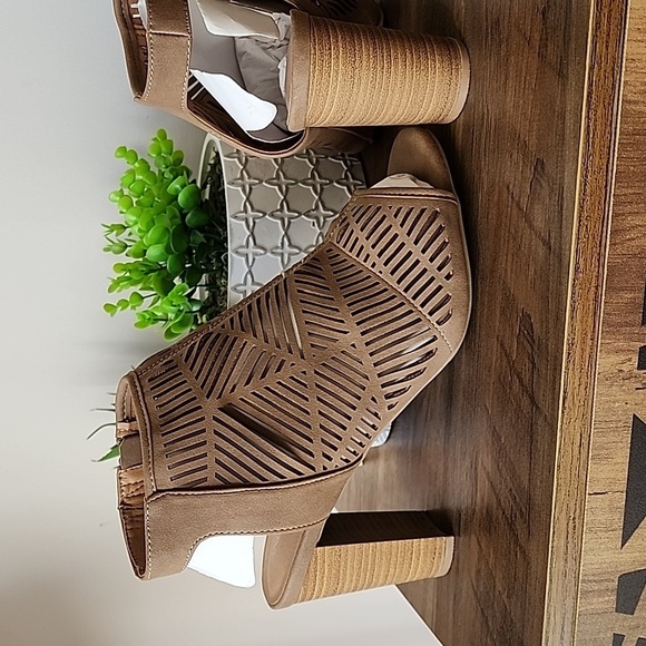 Lane Bryant - 12W, Taupe Laser Cut-Out Open Toe Sling Back with Stacked Heel​​​ - Picture 2 of 7